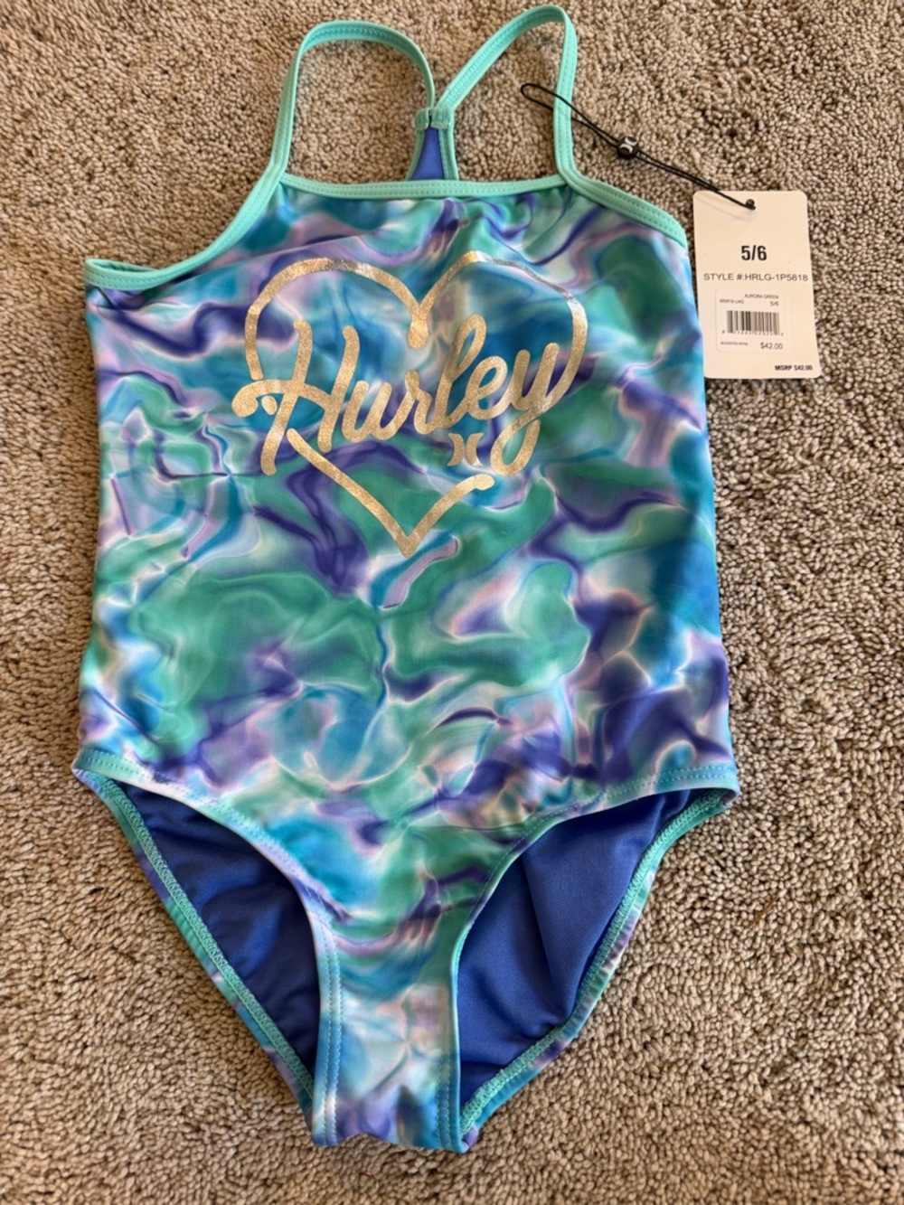 New Hurley Heart Logo One-Piece Bathing Suit Aurora Green Girls 5/6